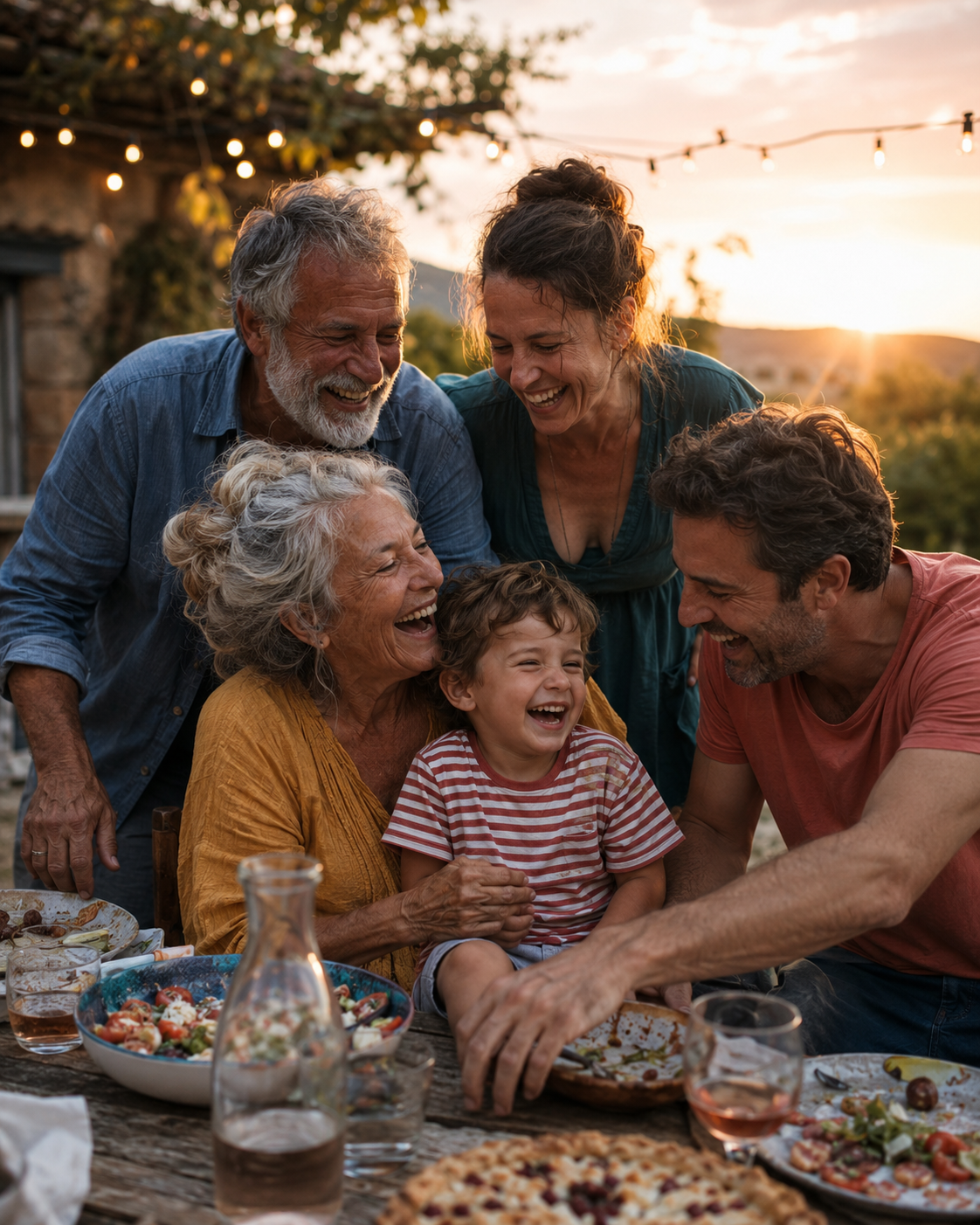 Trois générations d'une famille réunies autour d'une table de jardin, à la lumière du soir